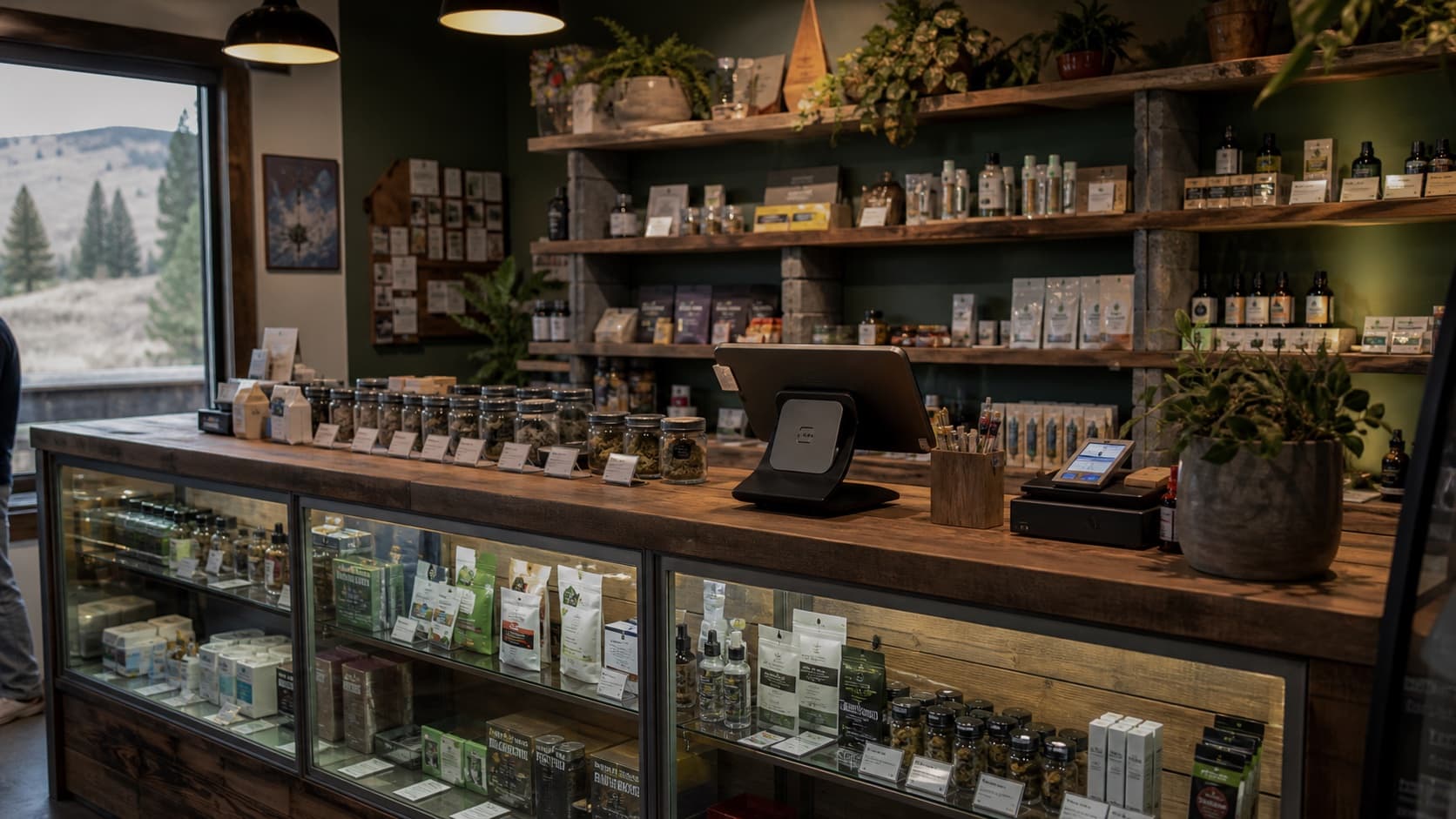 A retail counter with a tablet showing market intelligence charts